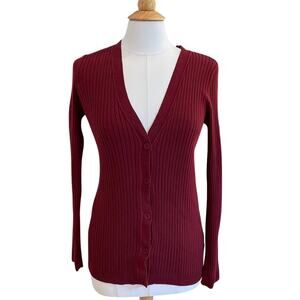 Lands' End Cotton Blend Burgundy V-Neck Ribbed Long Sleeve Cardigan Sweater, M